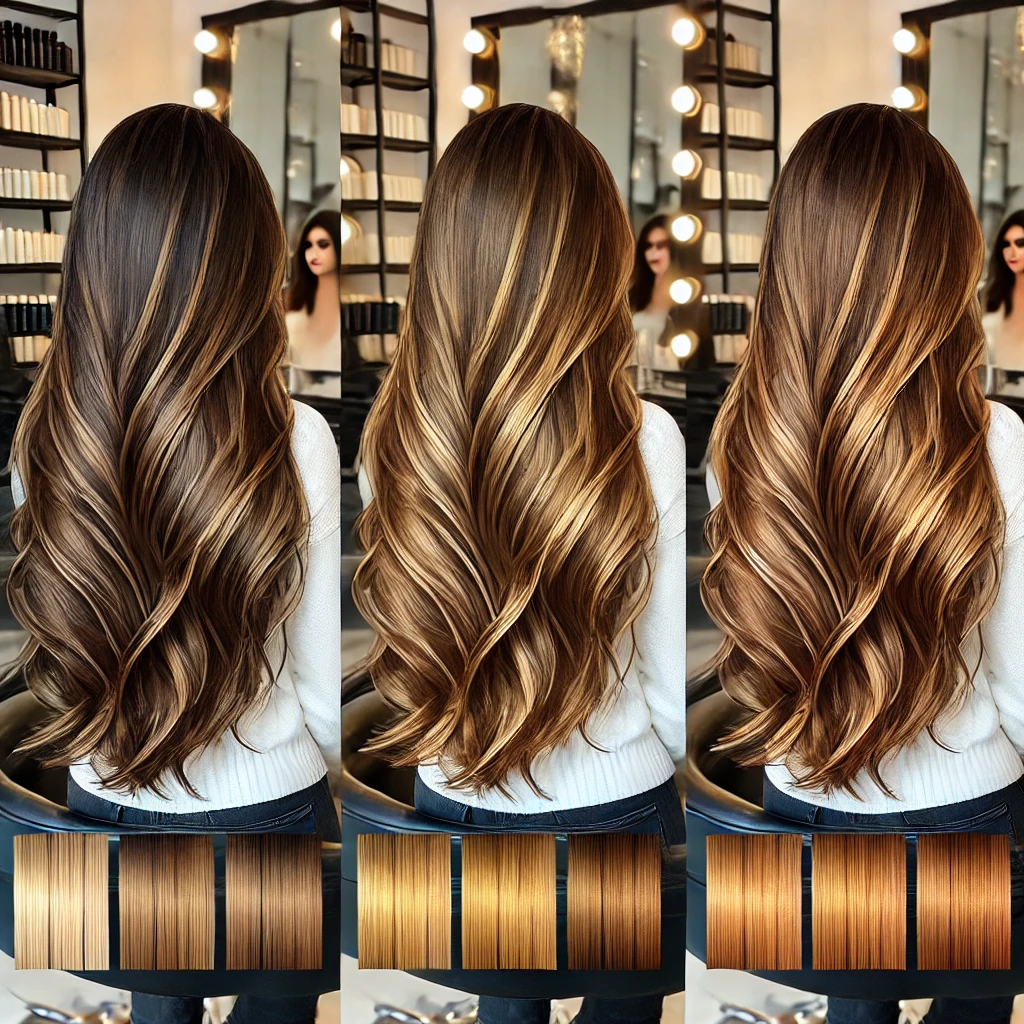 Comparação entre diferentes estilos de morena iluminada (mel, caramelo, dourado, acobreado)