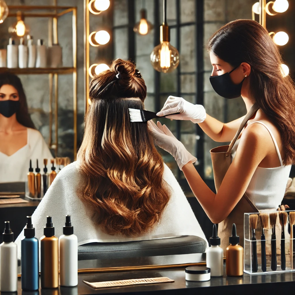 Foto de um profissional aplicando a técnica da morena iluminada em um salão de beleza.