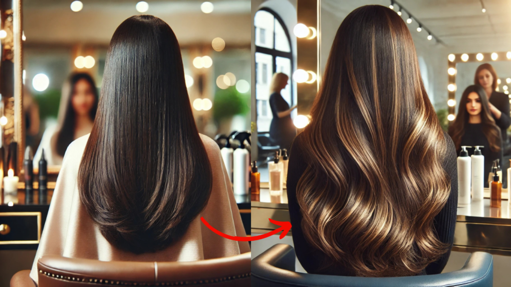 Antes e depois de cabelos com morena iluminada para mostrar o impacto da transformação.